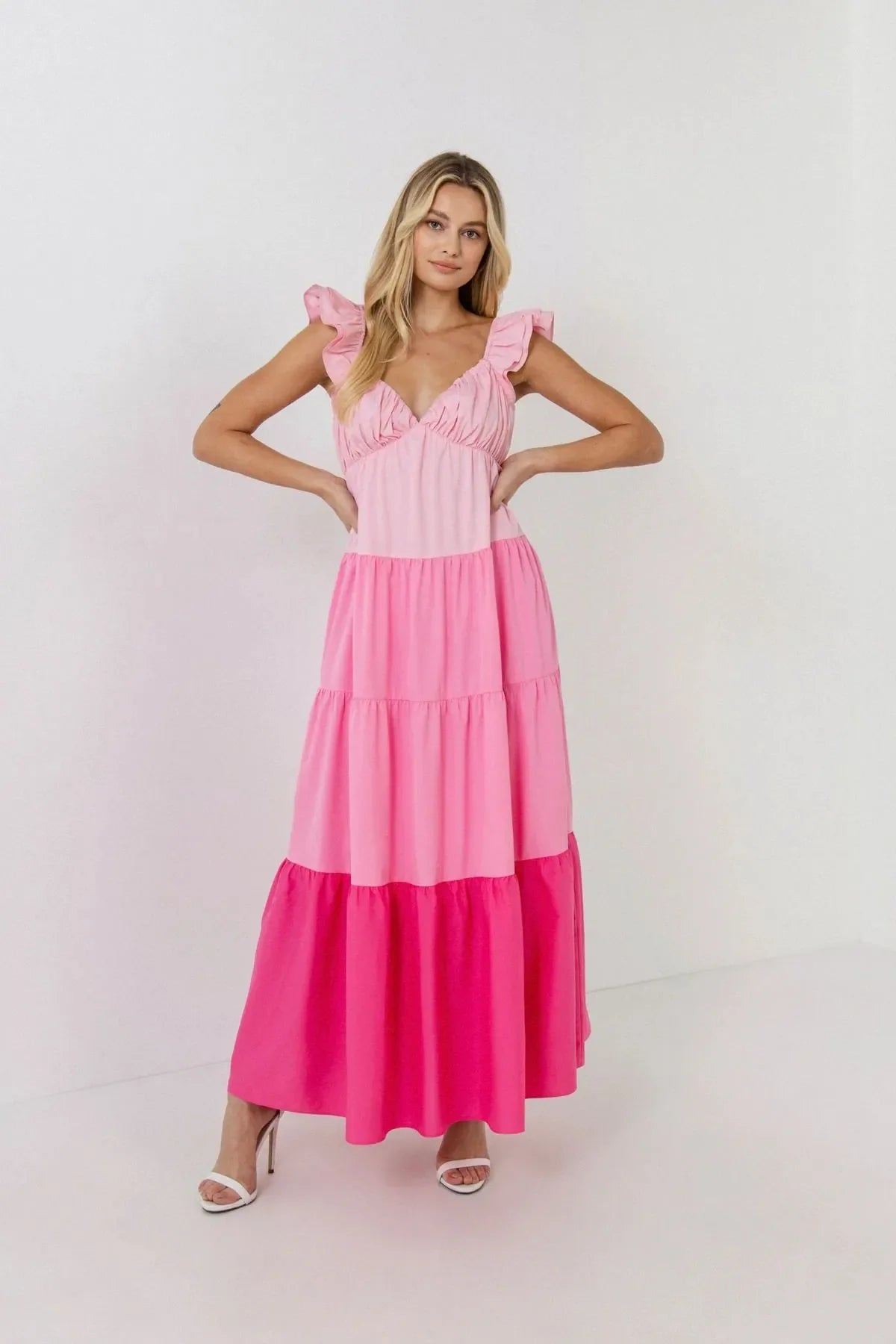 COLOR BLOCK PLEATED RUFFLE MAXI DRESS