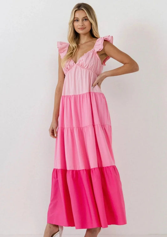 COLOR BLOCK PLEATED RUFFLE MAXI DRESS