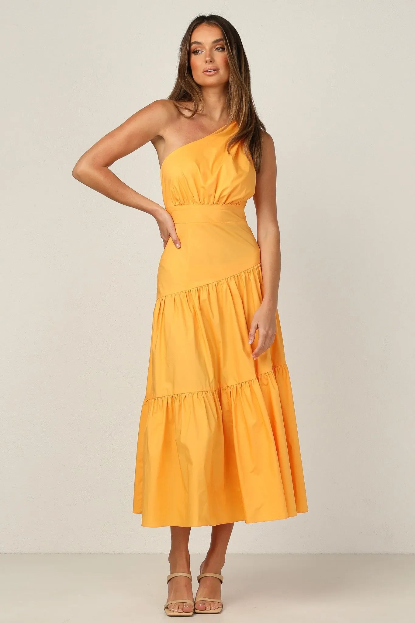 ONE SHOULDER RUCHED YELLOW DRESS