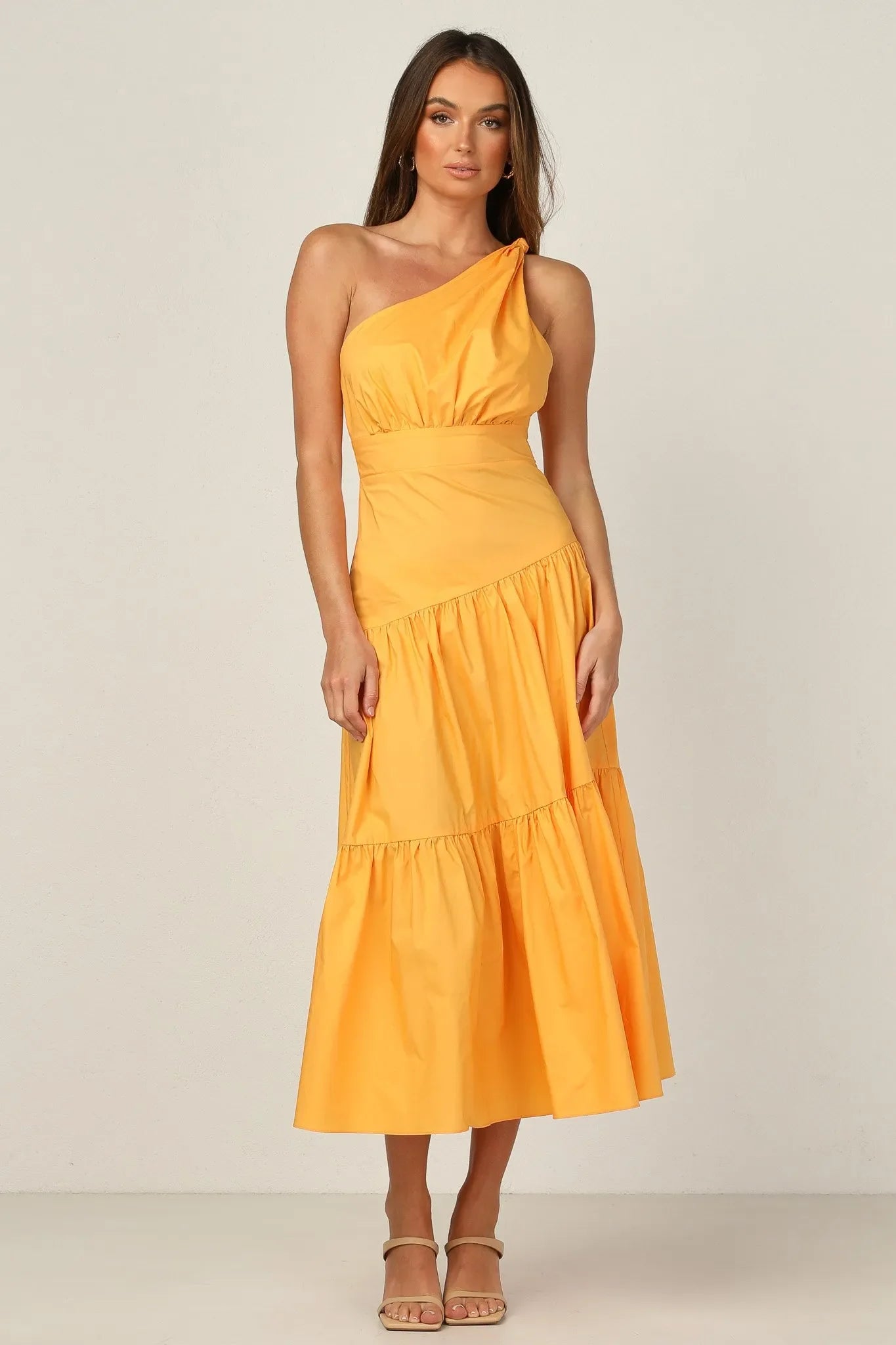 ONE SHOULDER RUCHED YELLOW DRESS