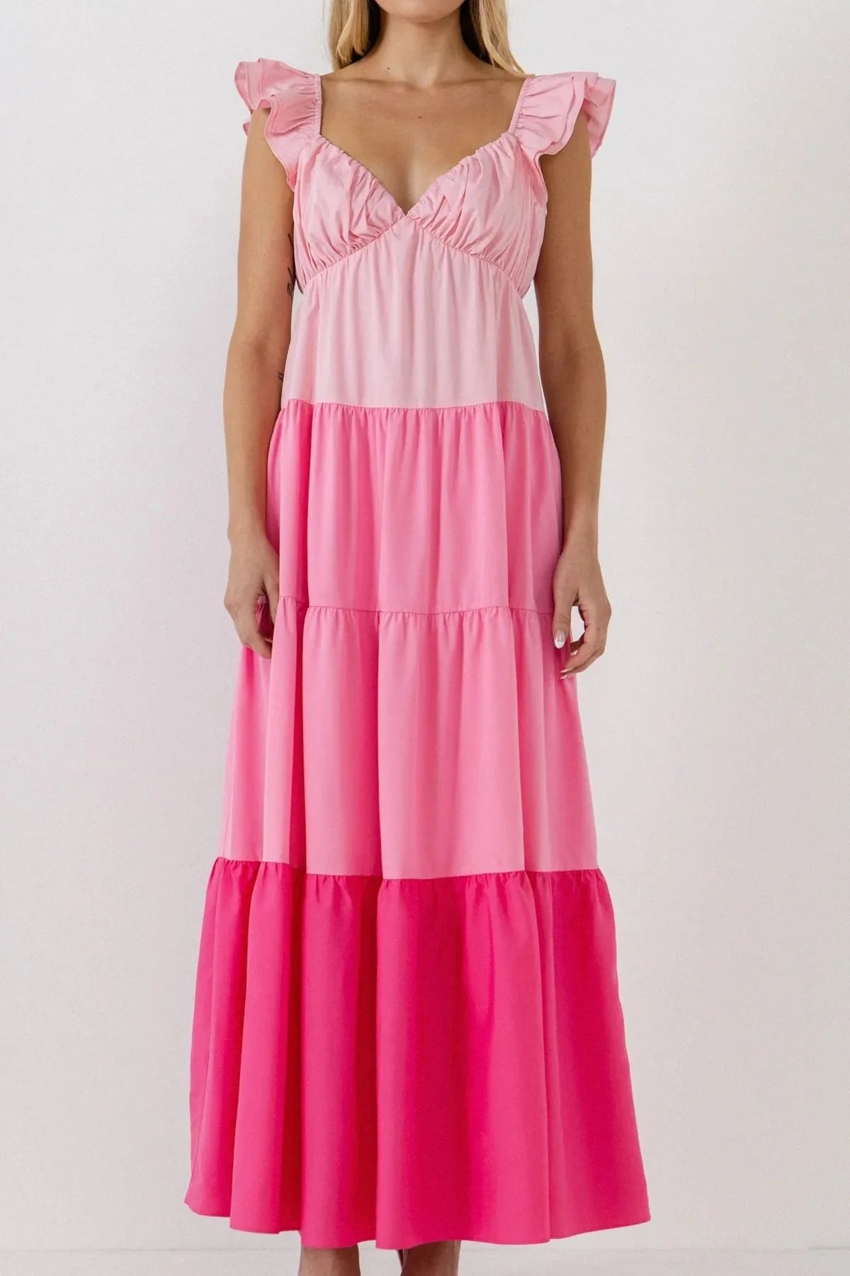 COLOR BLOCK PLEATED RUFFLE MAXI DRESS