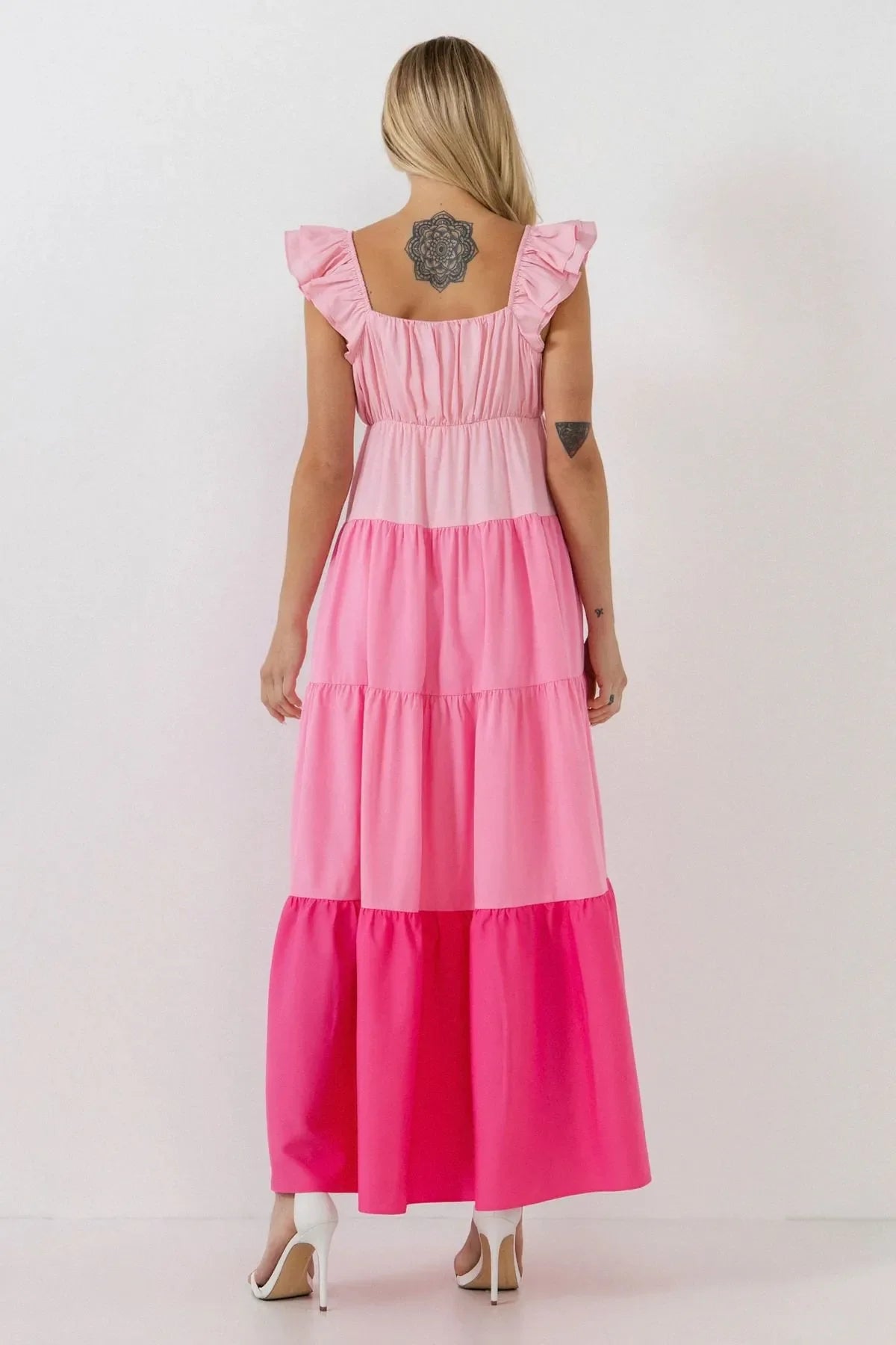COLOR BLOCK PLEATED RUFFLE MAXI DRESS