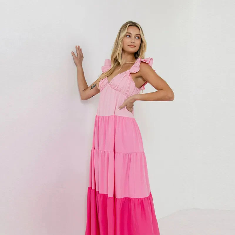 COLOR BLOCK PLEATED RUFFLE MAXI DRESS
