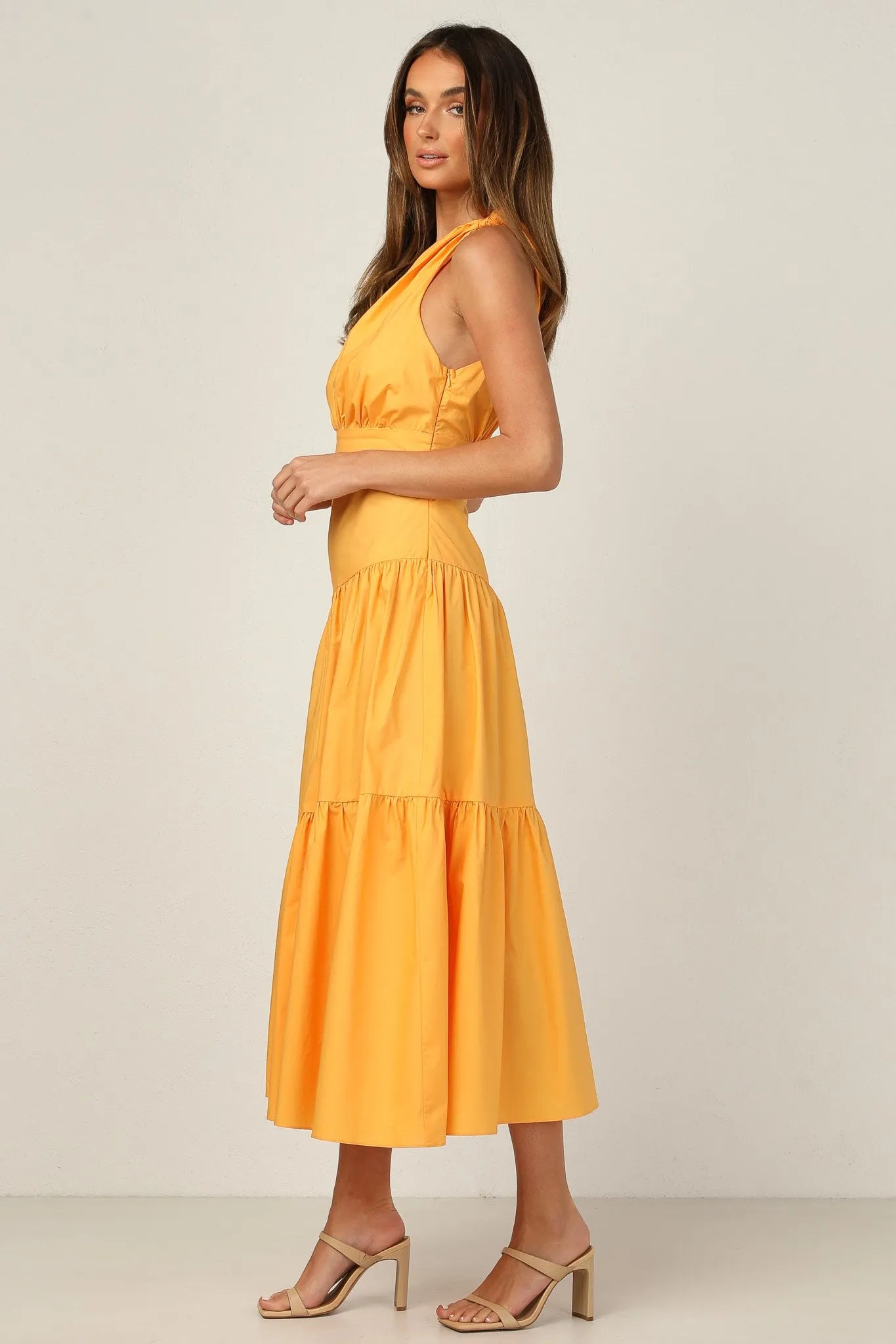 ONE SHOULDER RUCHED YELLOW DRESS