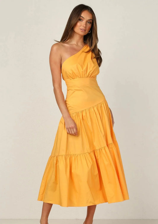 ONE SHOULDER RUCHED YELLOW DRESS