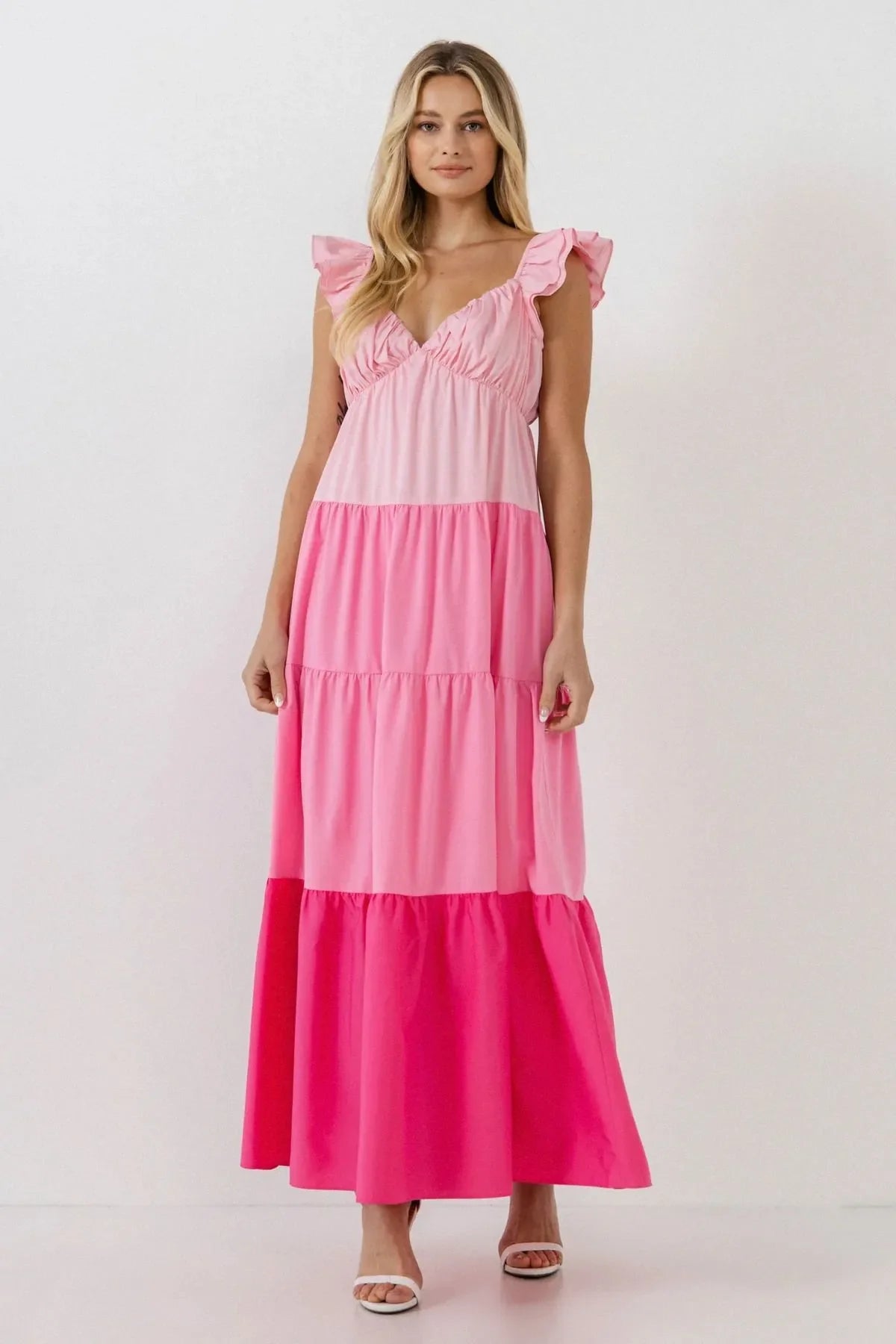 COLOR BLOCK PLEATED RUFFLE MAXI DRESS