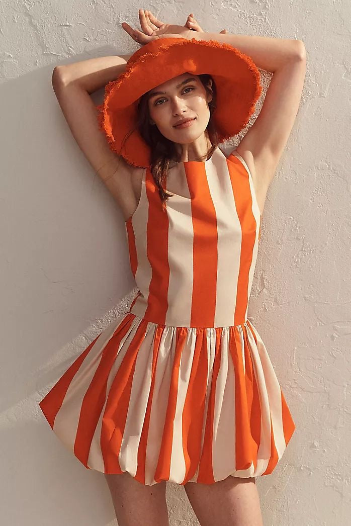 BUBBLE STRIPED CREAM ORANGE DRESS