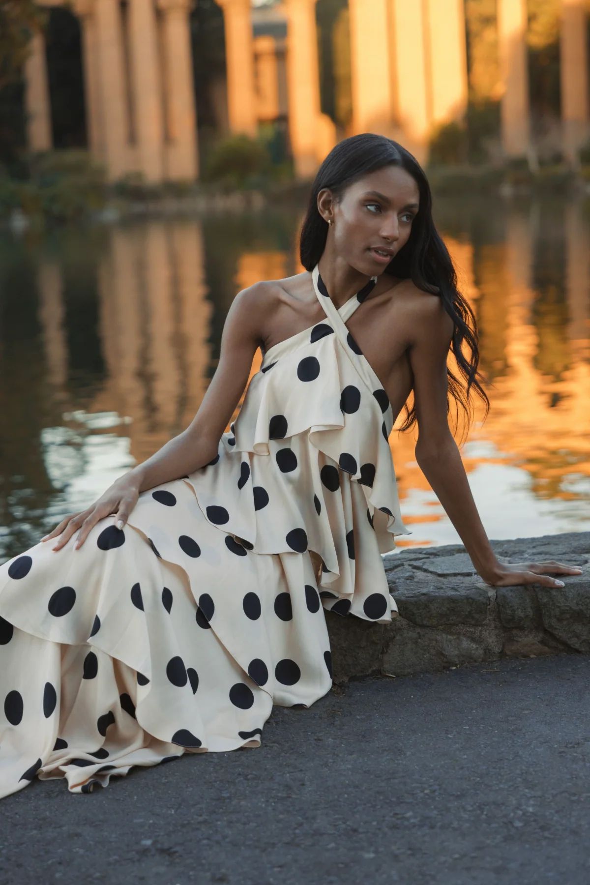 POLKA CASCADE RUFFLE MAXI DRESS