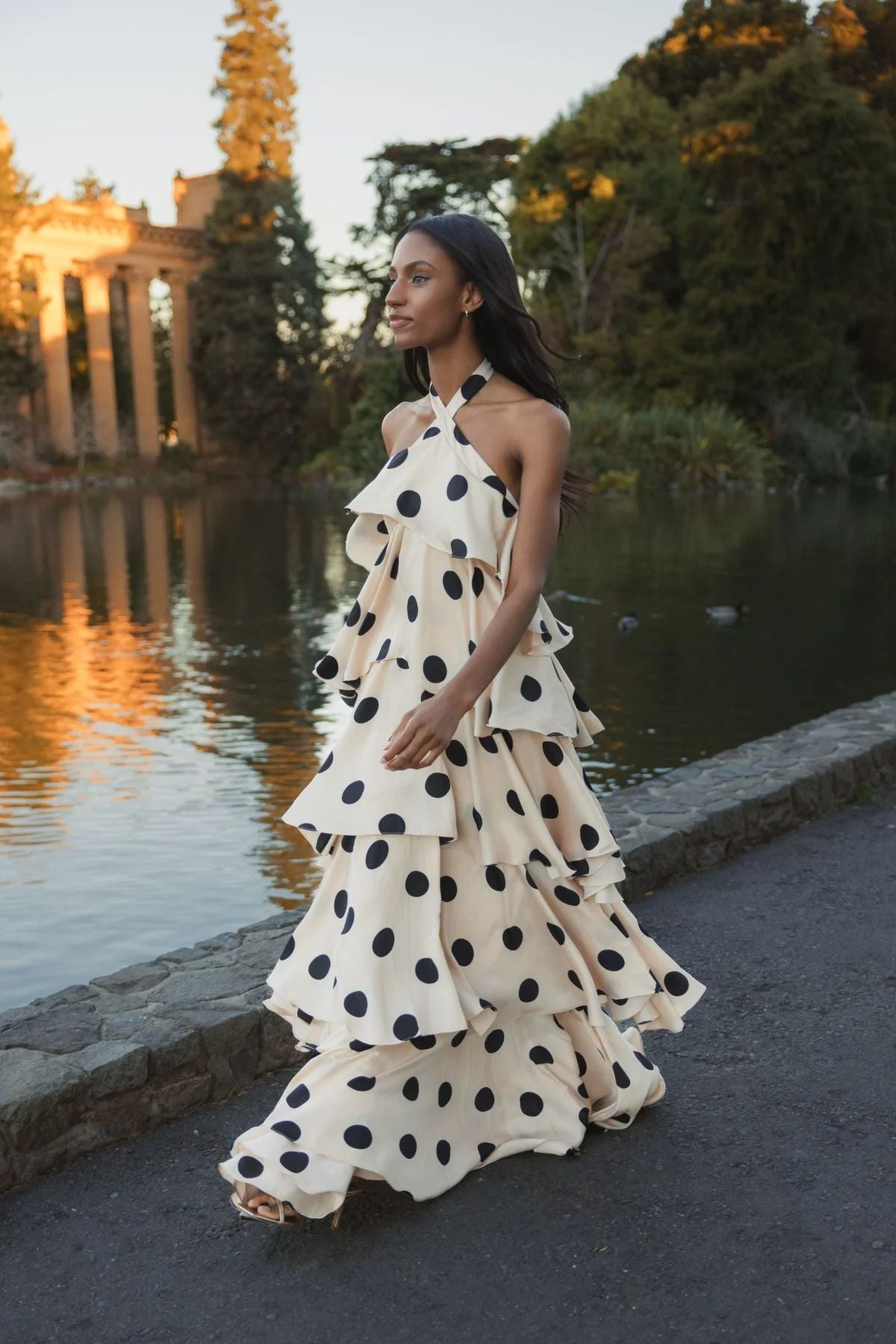 POLKA CASCADE RUFFLE MAXI DRESS