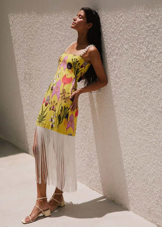 BOTANICA YELLOW PRINT FRINGE DRESS
