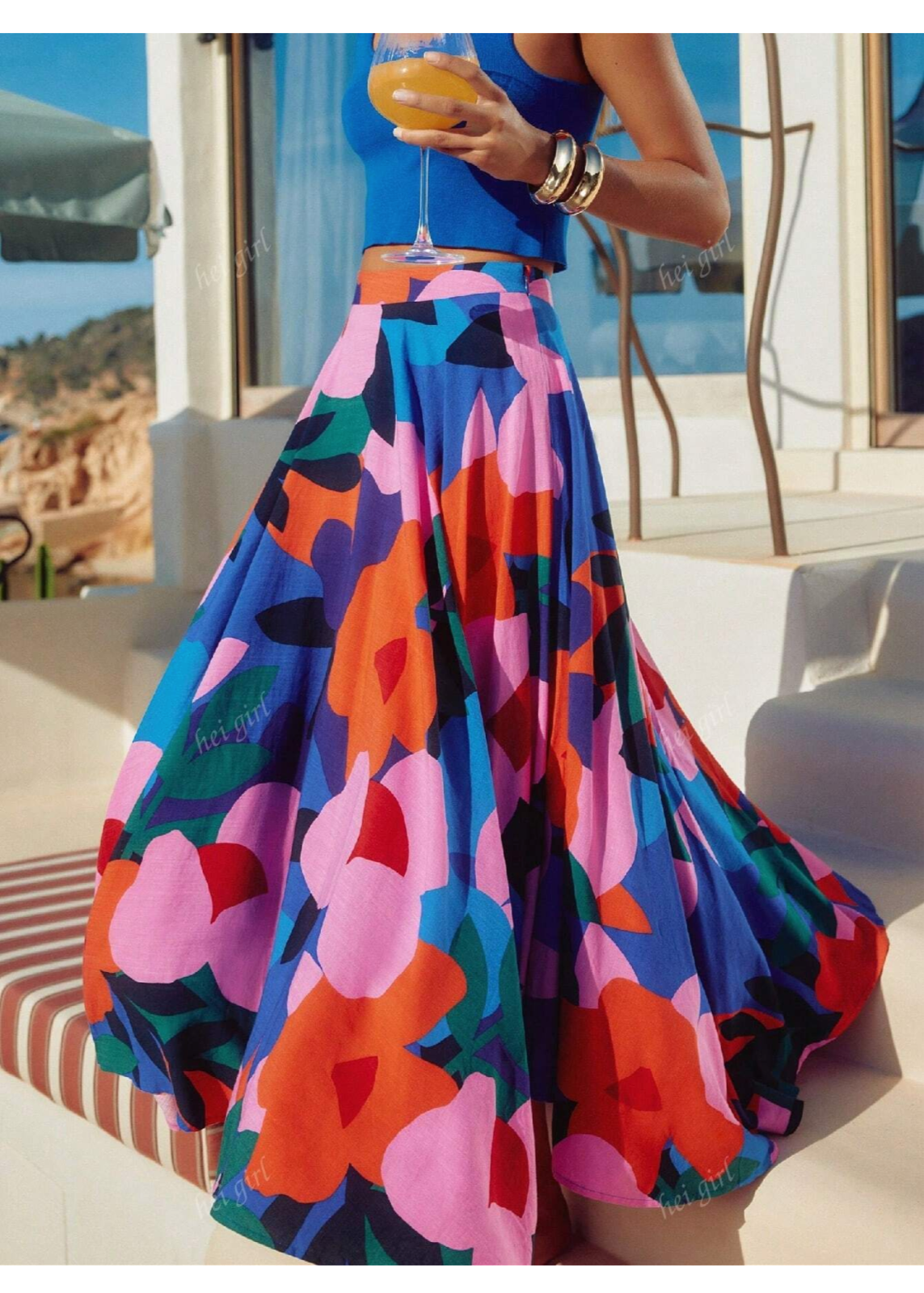 MULTICOLOR BLUE FLORAL PRINT MAXI SKIRT