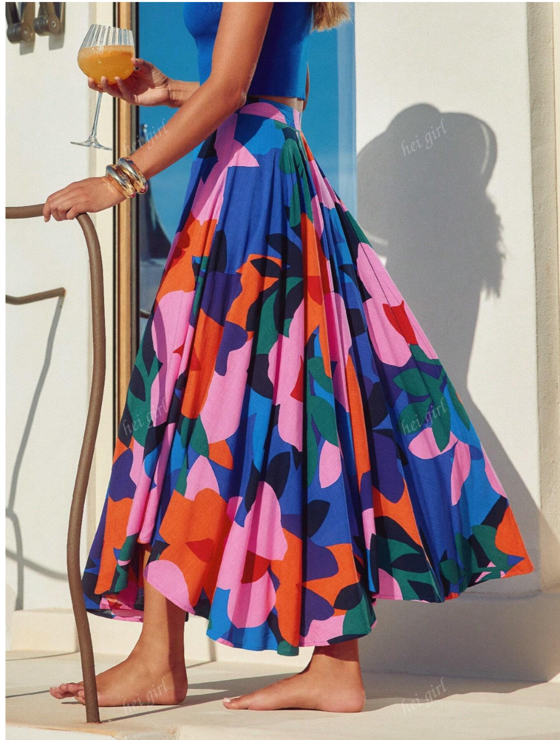 MULTICOLOR BLUE FLORAL PRINT MAXI SKIRT