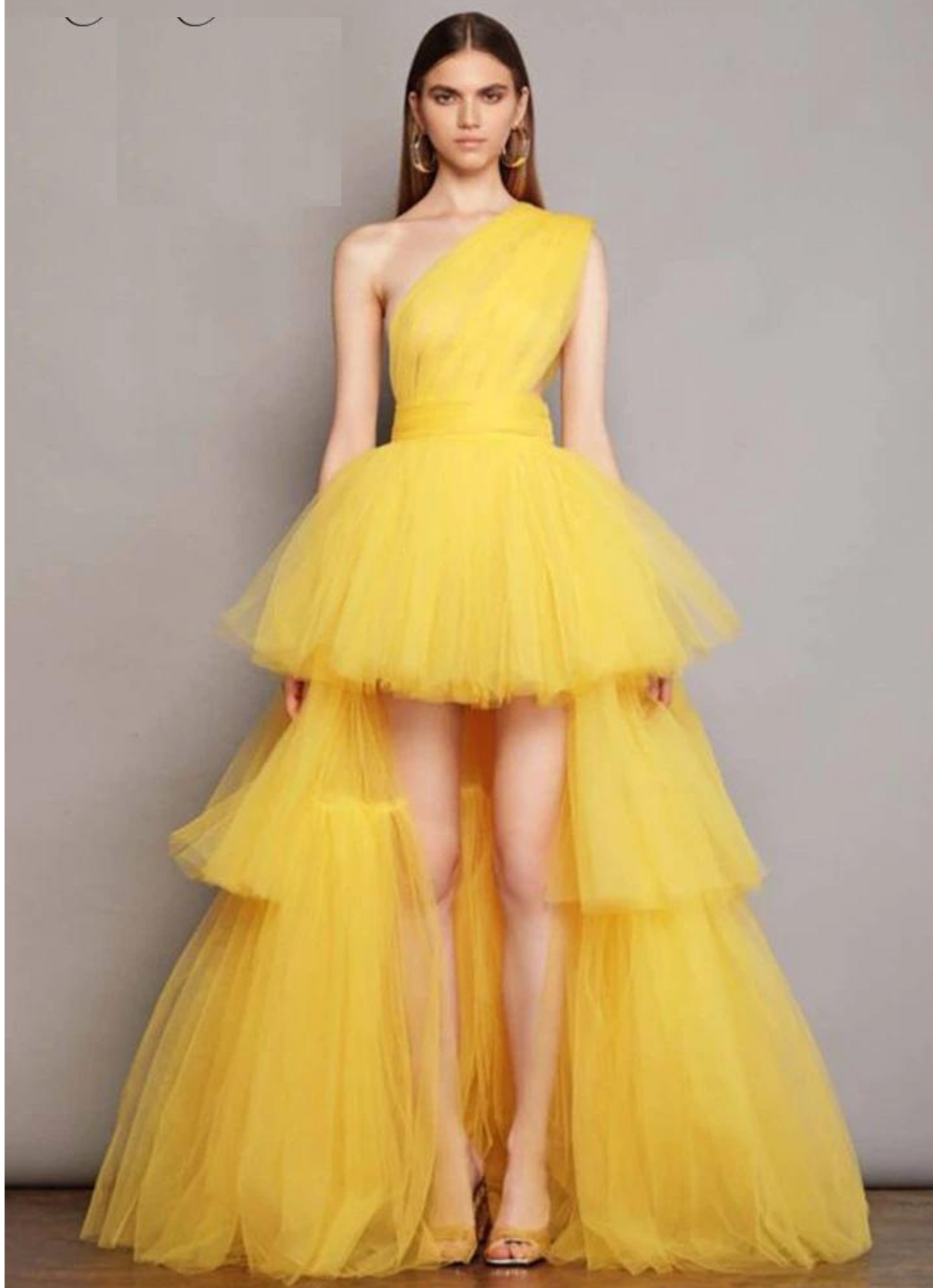 YELLOW MESH TULLE PLEATED BALL DRESS