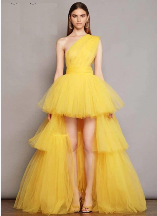 YELLOW MESH TULLE PLEATED BALL DRESS
