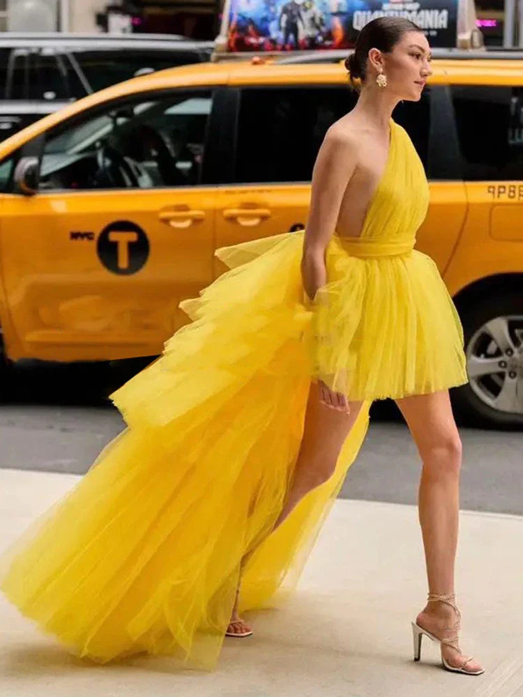 YELLOW MESH TULLE PLEATED BALL DRESS