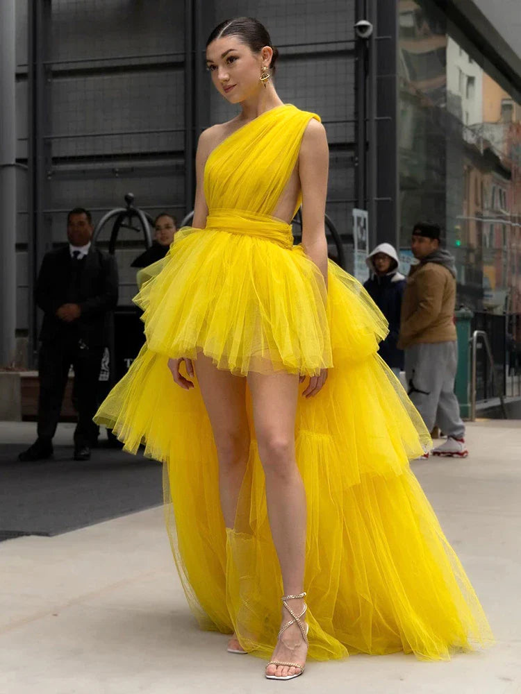 YELLOW MESH TULLE PLEATED BALL DRESS