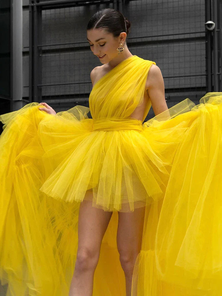 YELLOW MESH TULLE PLEATED BALL DRESS