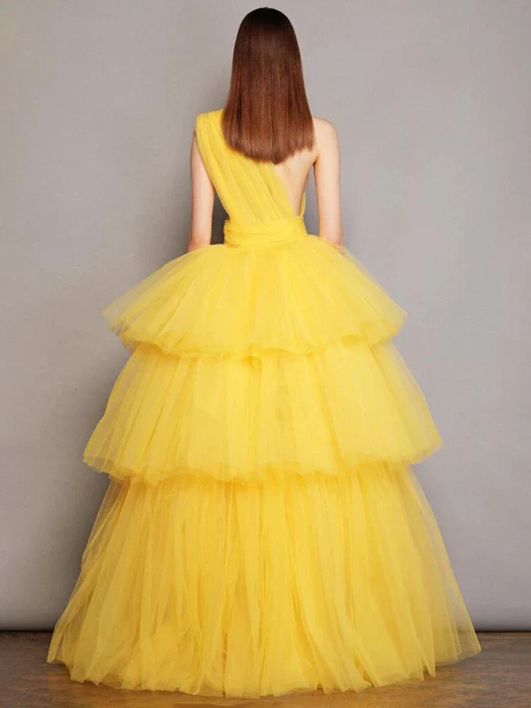 YELLOW MESH TULLE PLEATED BALL DRESS