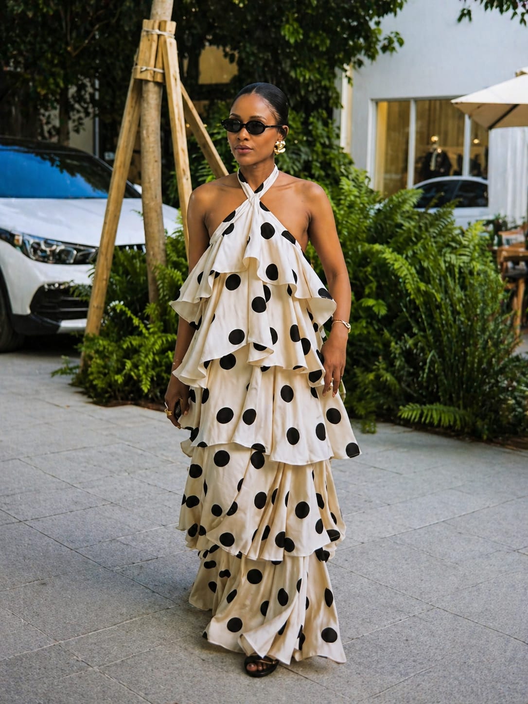 POLKA CASCADE RUFFLE MAXI DRESS