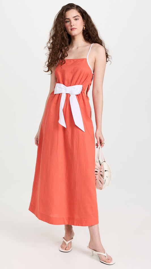 WHITE BOW ORANGE LINEN DRESS