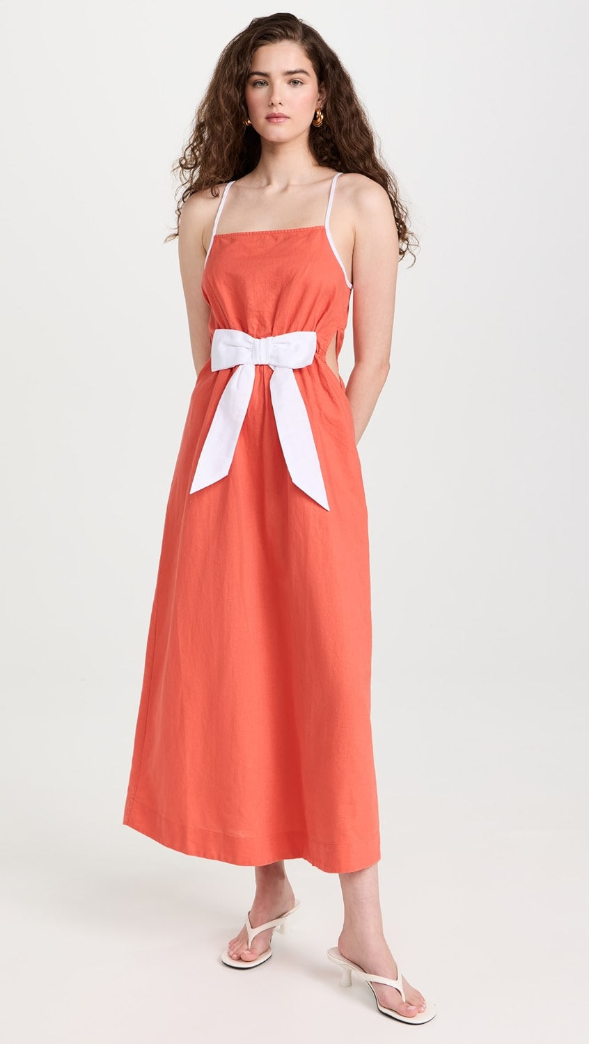 WHITE BOW ORANGE LINEN DRESS