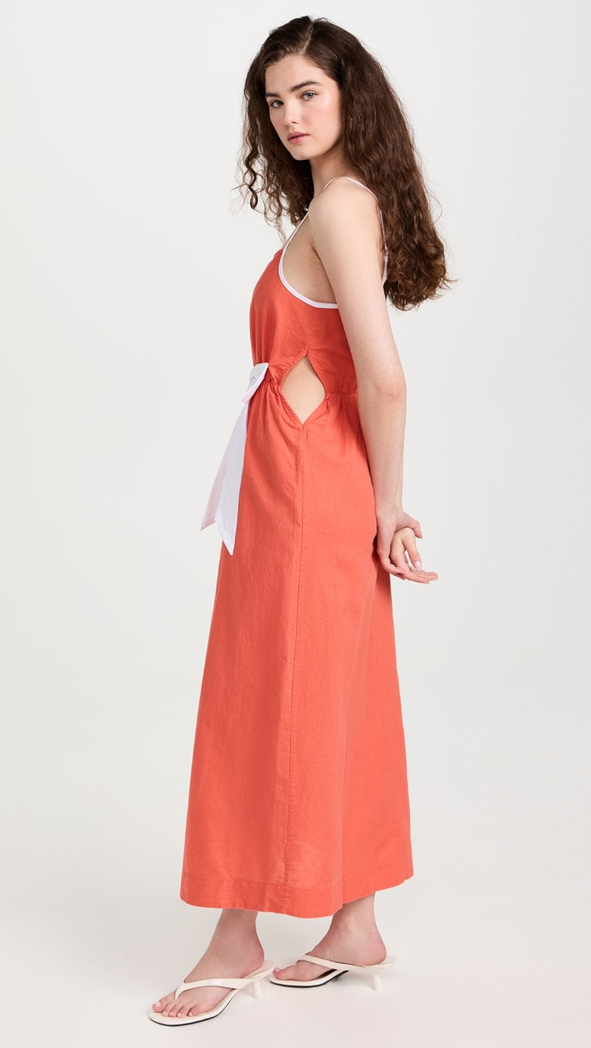 WHITE BOW ORANGE LINEN DRESS