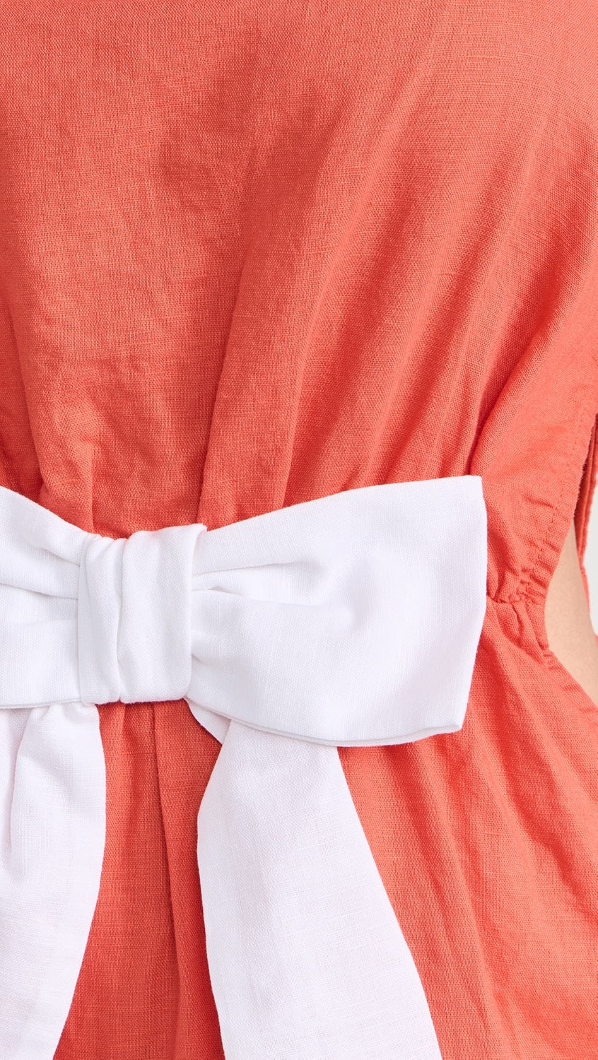 WHITE BOW ORANGE LINEN DRESS