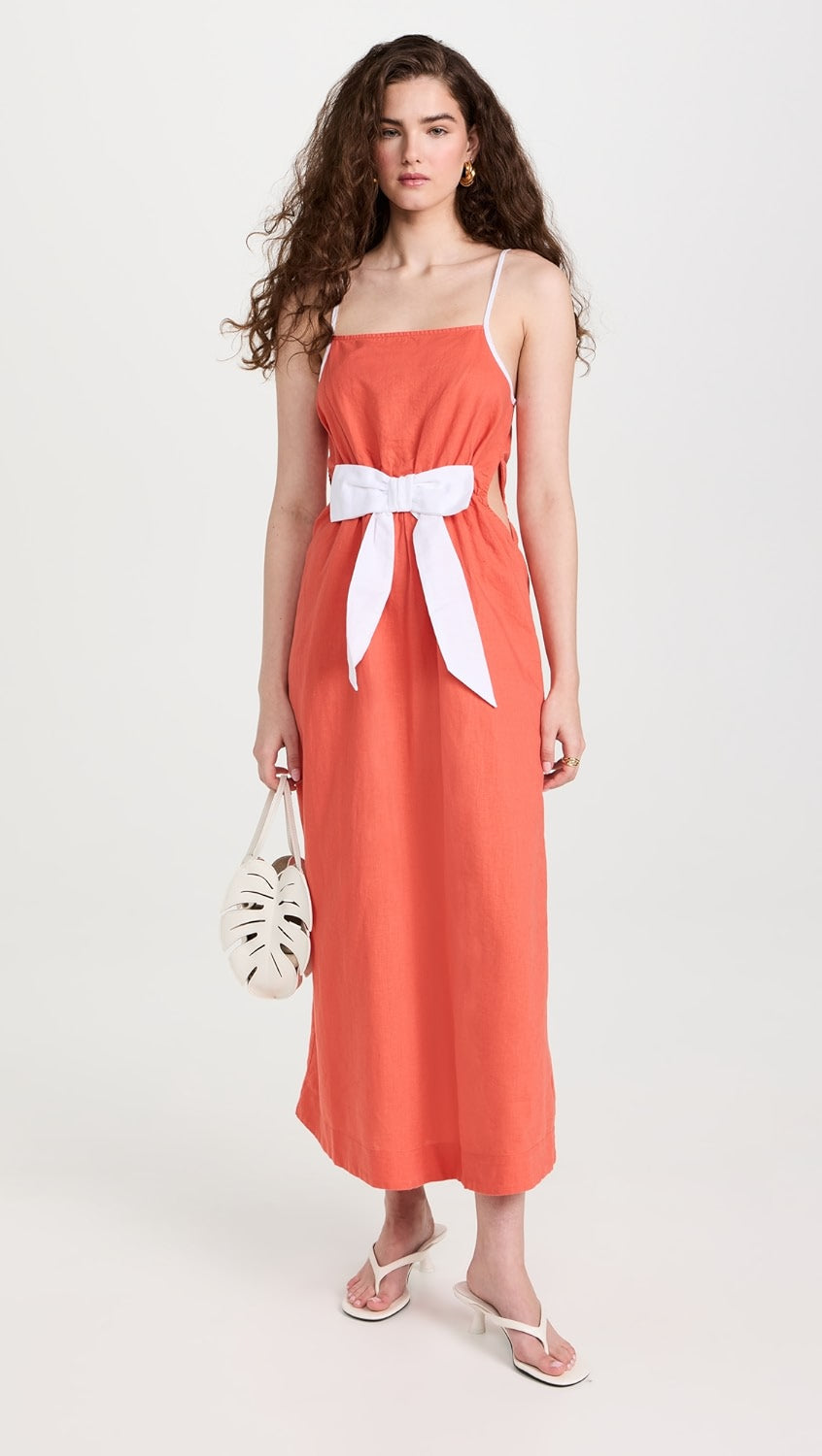 WHITE BOW ORANGE LINEN DRESS
