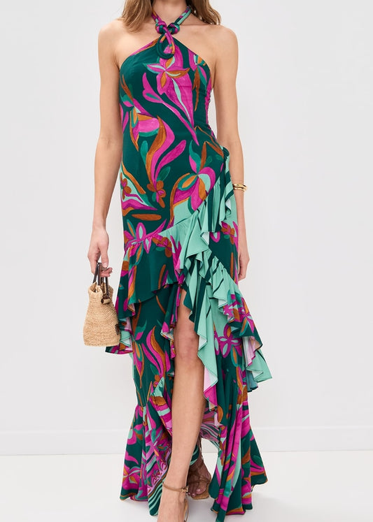 MULTIPRINT FLARE RUFFLE DRESS