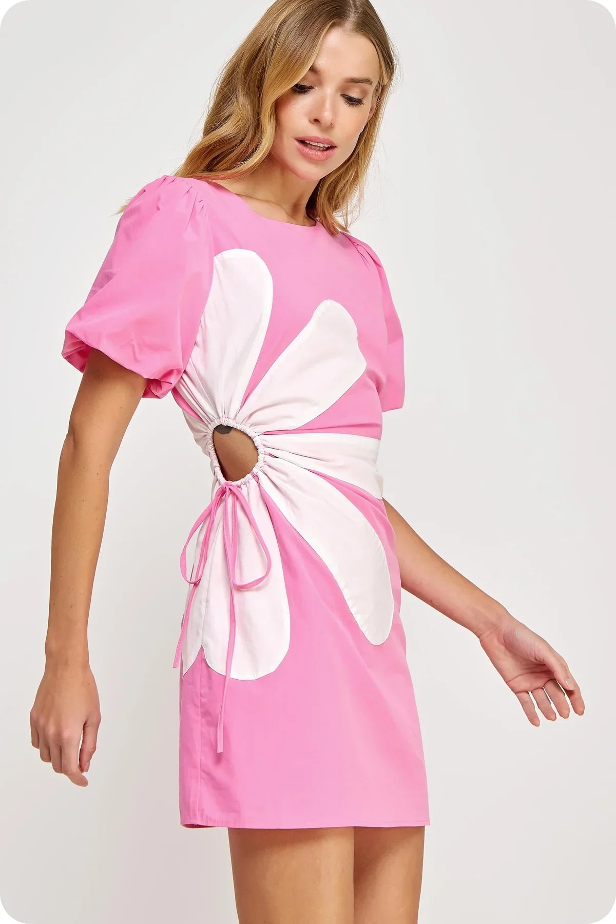 PINK SIDE CUT FLOWER MINI DRESS