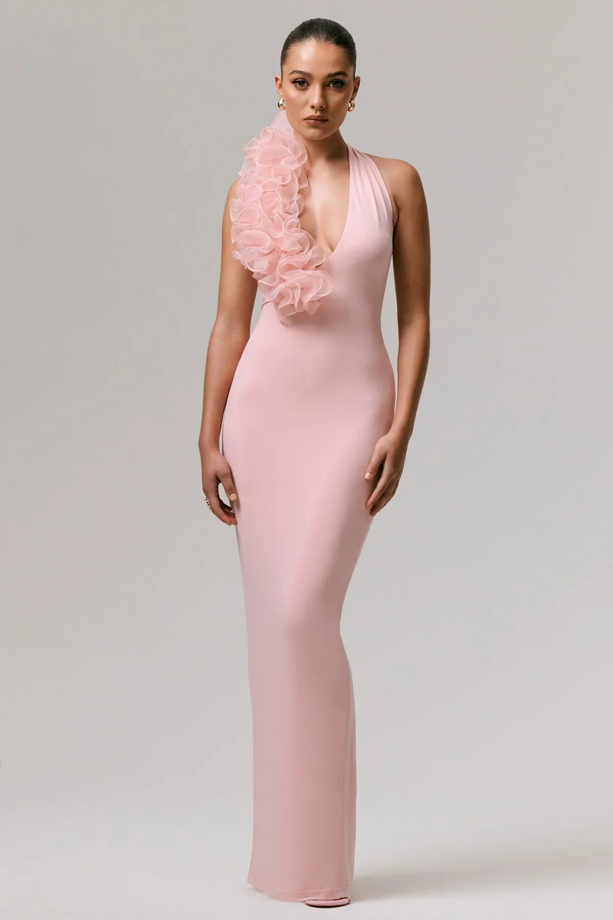 PLUNGE NECK PEACH PINK DRESS