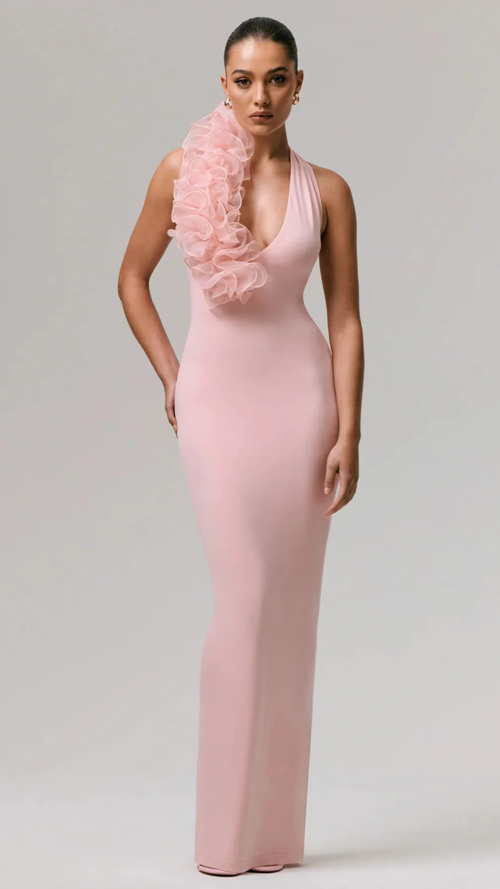 PLUNGE NECK PEACH PINK DRESS