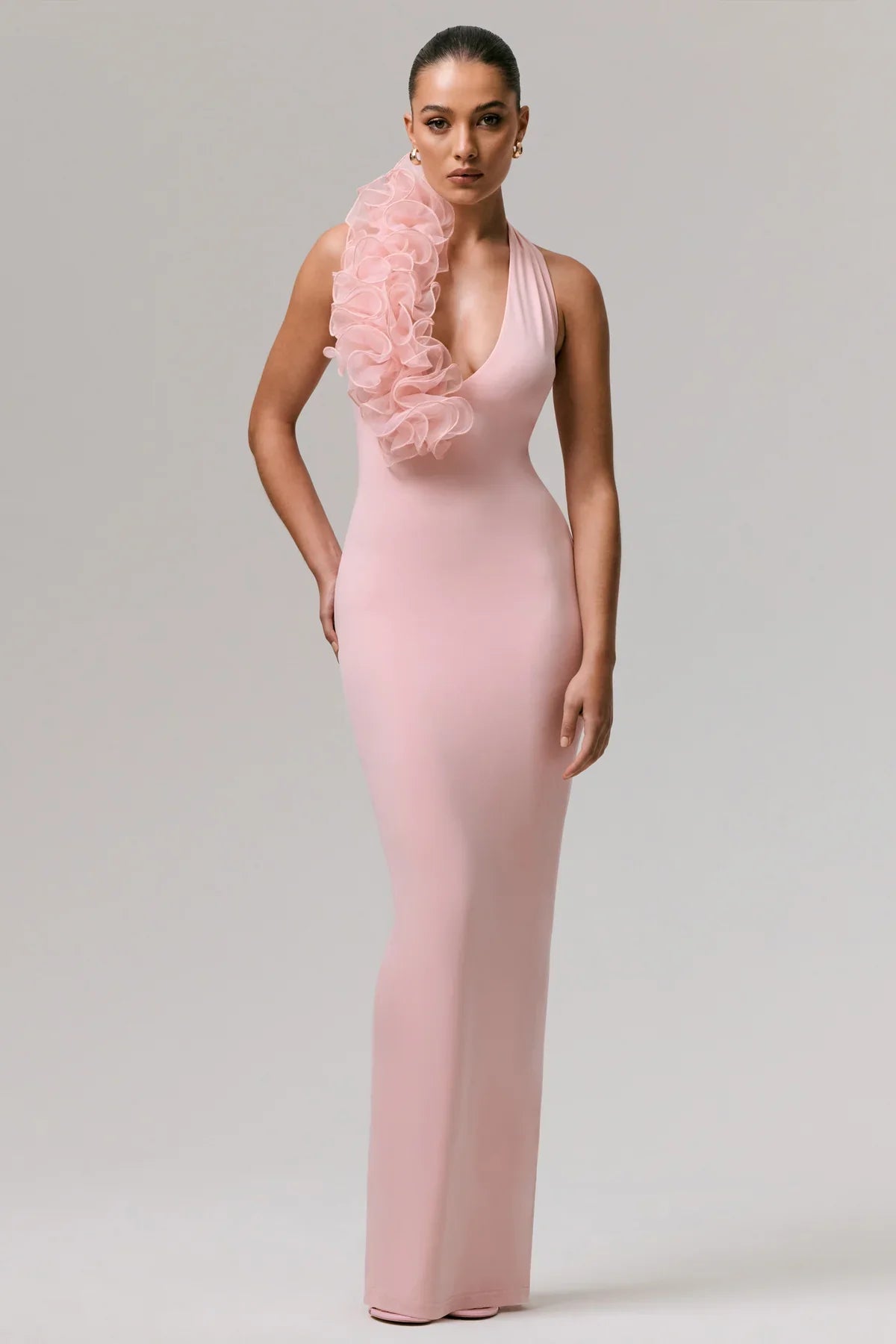 PLUNGE NECK PEACH PINK DRESS