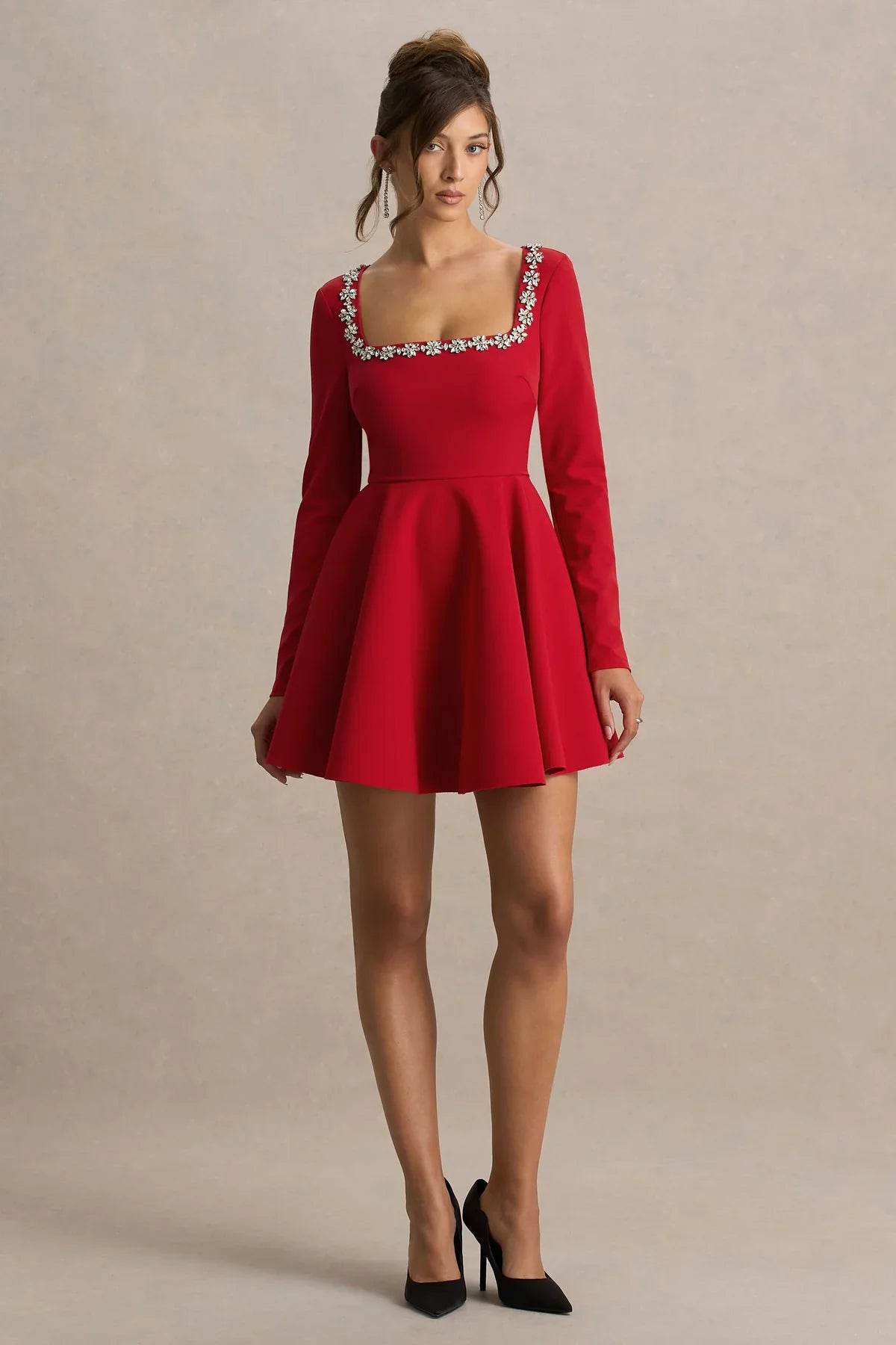 RED NECK EMBROIDERED SQUARE NECK DRESS