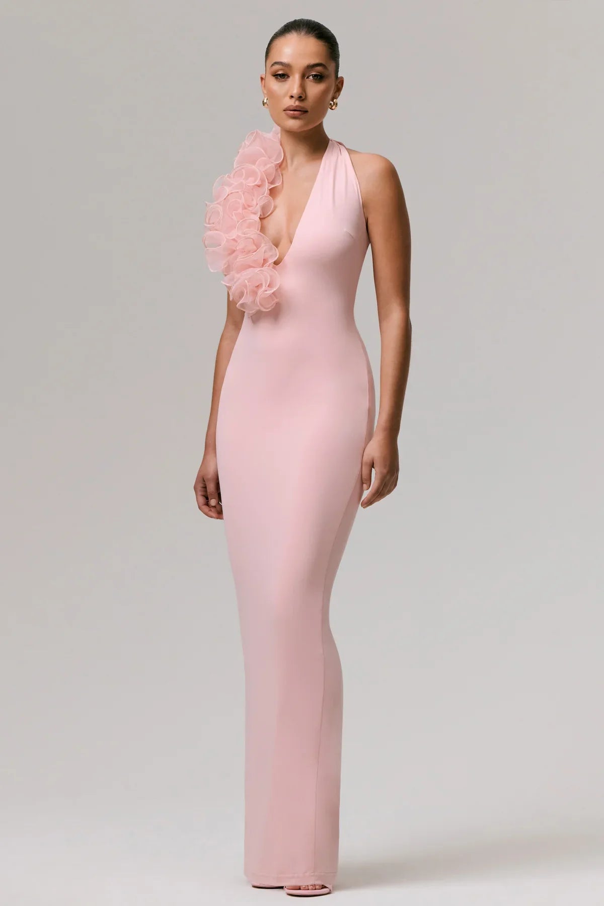 PLUNGE NECK PEACH PINK DRESS