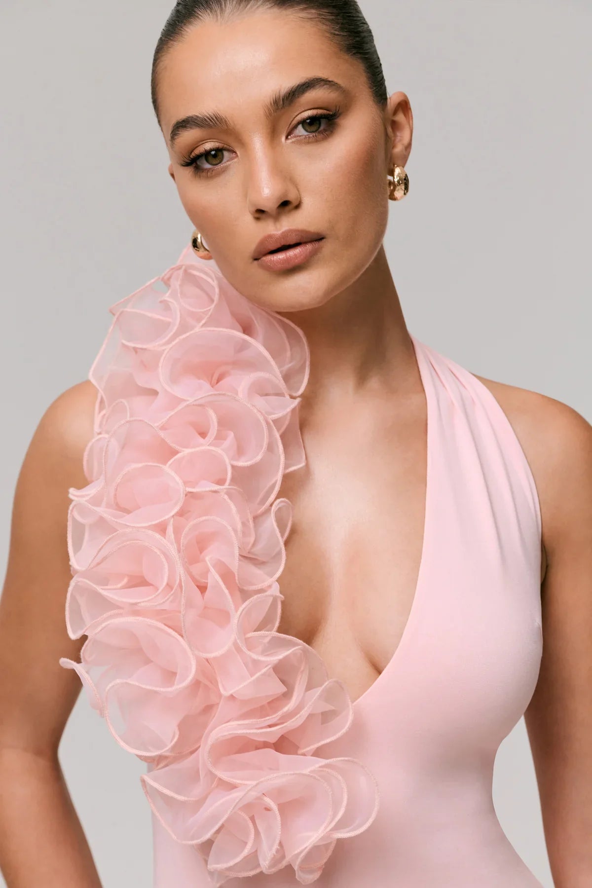 PLUNGE NECK PEACH PINK DRESS