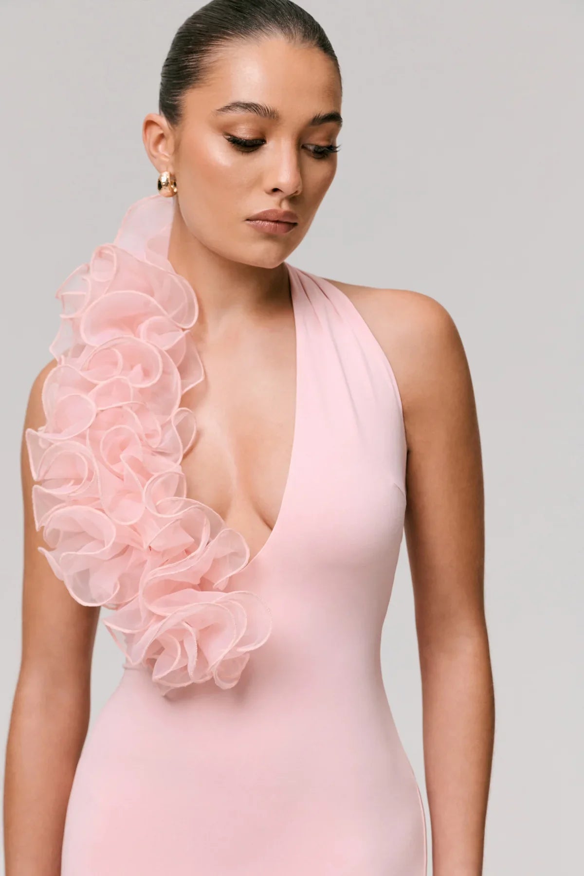 PLUNGE NECK PEACH PINK DRESS